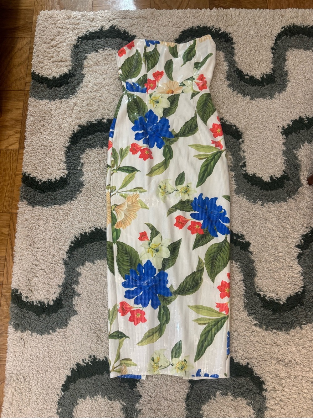 Strapless White Floral Midi Dress with Blue & Green Bloom
